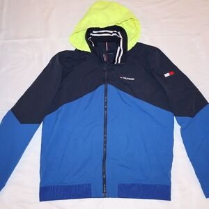 Men's Tommy Hilfiger Blue and Black Jacket with Yellow Hood